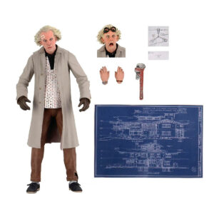 Figura Ultimate Doc Brown NECA Back to the Future. 22 puntos de articulación, múltiples accesorios y expresiones.
