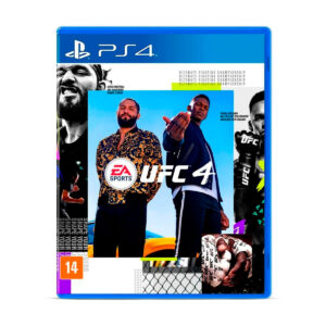 Carátula oficial del videojuego UFC 4 para PlayStation 4 con luchadores de la UFC en el octágono.